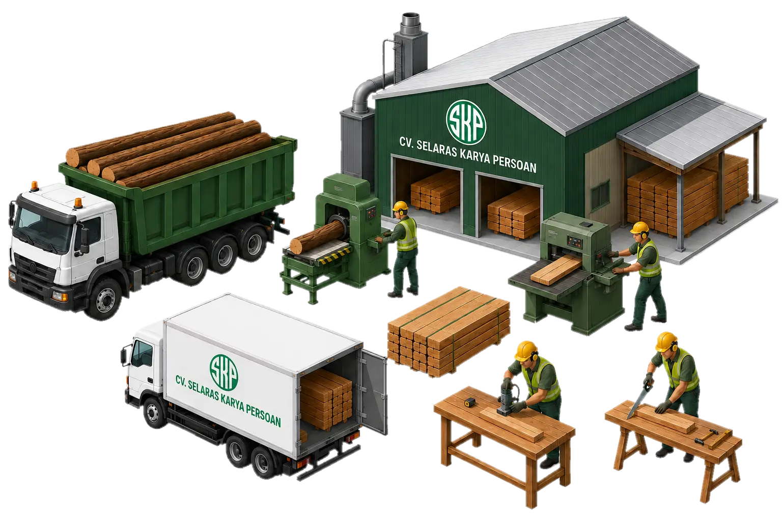 Ilustrasi Isometric Pengolahan Kayu